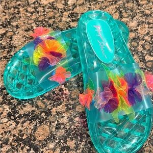 Betsey Johnson Teal Jelly Slide Sandals with Rainbow Flower Accents
